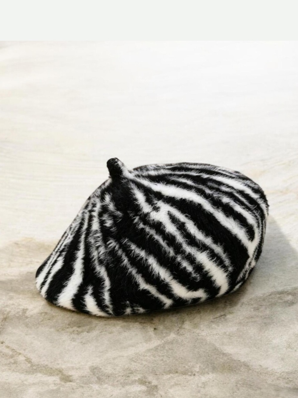 Zebra Stripe Faux Fur Beret - Black & White - Picture 4 of 7